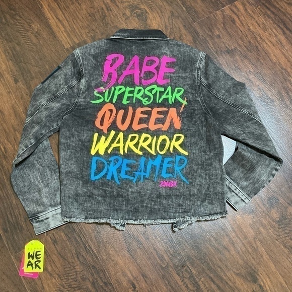 ZUMBA grey denim jacket Medium “Babe” “superstar” “warrior” “dreamer” NWT - Picture 1 of 12